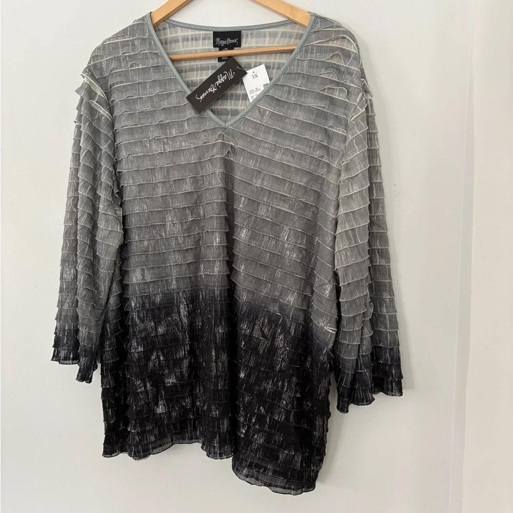MAGGIE BARNES 3X NWT Silver Metallic Black V Neck Top 3/4 Sleeve Pleated Ruffle - Picture 6 of 15